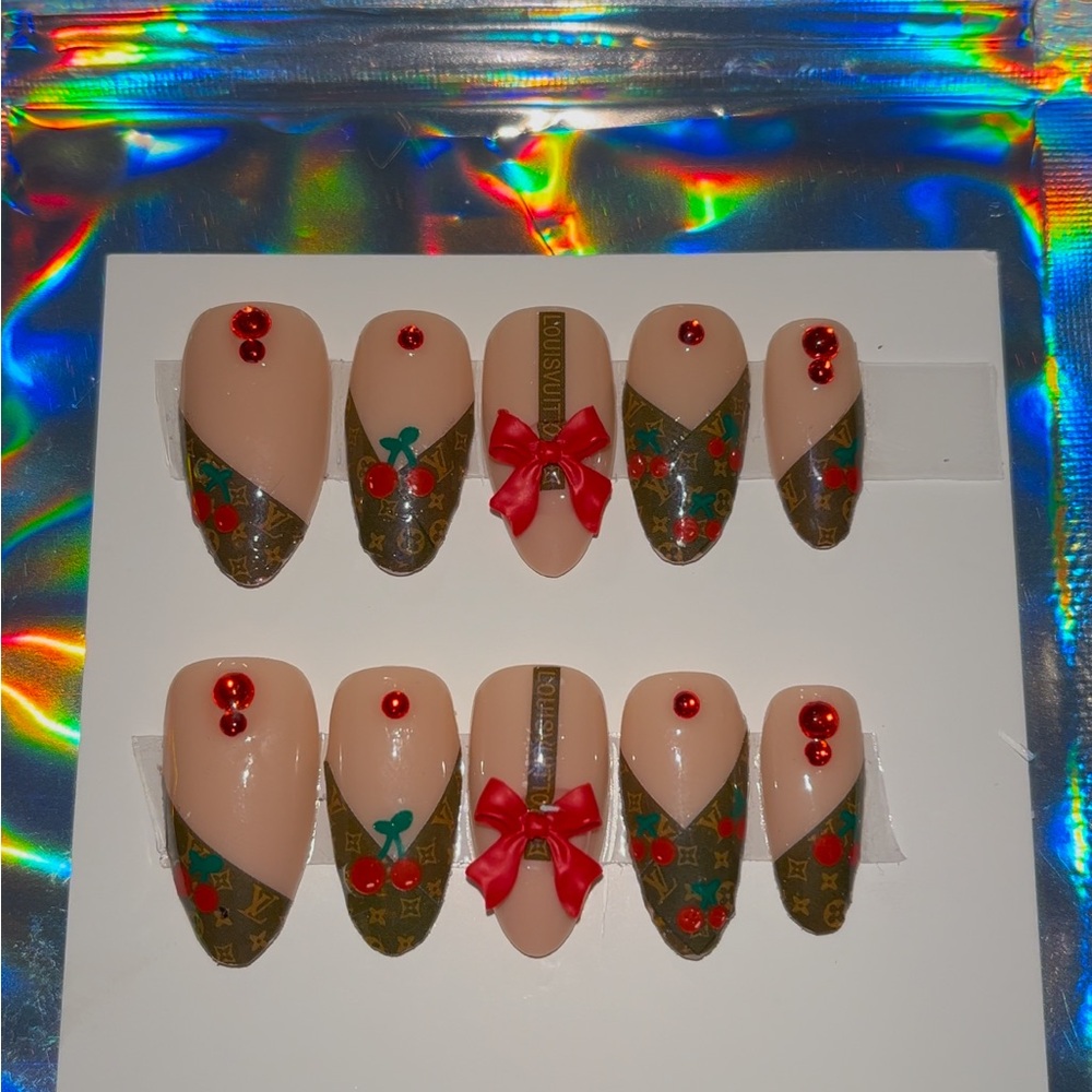 10 PC Hand Crafted Cherry Bomb Nails NWT
